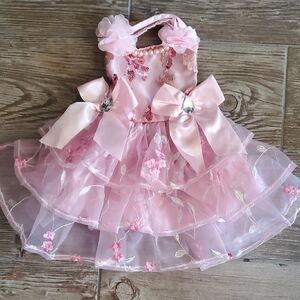 Homemade Elegant Pink Dog Dress with Bows, Sz X Small